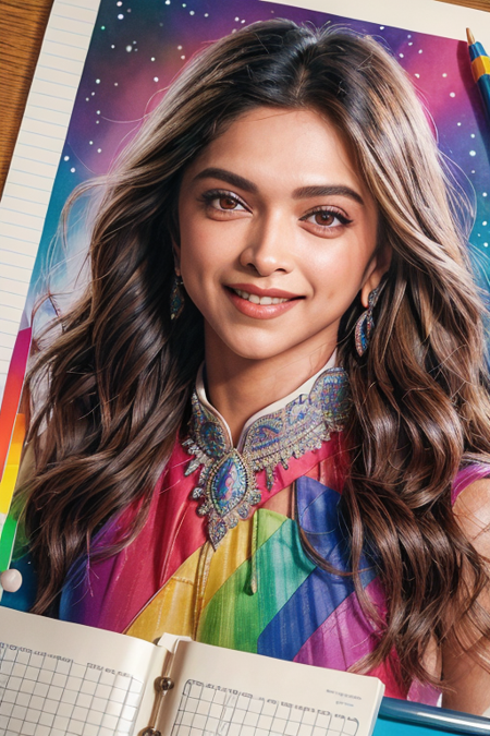 masterpiece, best quality, DeepikaPadukone, smiling, by [Maginel Wright Enright Barney:__artists-csv__:0.56], intricate realistic, crayon drawing, notebook, rainbow color splash, caricature <lora:DeepikaPadukone:1>