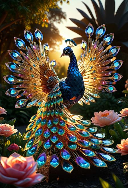 rp_slgd, sinfully stylish, dramatic lighting, shadows, soft light, a colorful peacock made of crystal dancing in the garden full of flowers, golden hour, sun rays, dynamic pose, perfect eyes, abstract background, volumetric lighting, realistic, fashion photography, depth of field, highly detailed, masterpiece, dramatic cinematic lighting, unforgettable, very intricate, high detail. photorealistic detail, ultra-realism , realistic, ultra detailed ,octane render, raw photo, photorealistic, extremely detailed, realistic, photography, Photography,