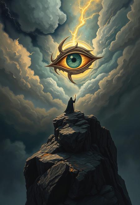 A dark fantasy illustration portraying a robed sorcerer standing atop a craggy cliff, summoning a massive, glowing eye symbol in the storm-filled sky above. The scene is rendered in intricate detail, with swirling clouds, crackling lightning, and a dramatic interplay of light and shadow adding to the awe-inspiring intensity.
( oil painting art style, monet style, monet style, painting, palette knives painting, impasto painting, canvas texture, (( Oil painting effect )), oil painting brush, oil painting style, brush stroke, monet style, oil painting detailers ), canvas, brush, palette, pigment, oil, varnish, texture, impasto, glazing, underpainting, still life, Renaissance, Baroque, Impressionism, modern art, contemporary art, fine art, visual art, and art history., ( simmering, sparkling, splendid, ultra-detailed, 4K, depth of field, high resolution, (( Masterpiece, best quality )), sharp focus, highly detailed, ultra high resolution, perfect fingers, ) ., midjourney style