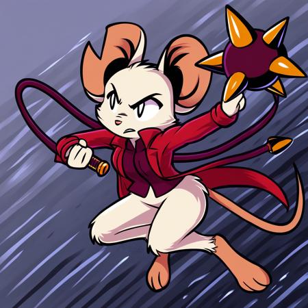 MinaTheHollower mouse, white fur, notched ear red coat, dark shirt, open coat, buttoned shirt spikewhip, holding spikewhip