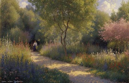 (impressionism:1.1), (john harris:0.9), garden ,bosque ,yard , scene painting,scenery,a painting,