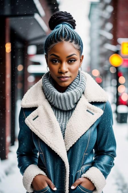 jadecargill  professional portrait photograph of in winter clothing with short hair, freckles, beautiful symmetrical face, cute natural makeup, wearing elegant winter fashion clothing, ((standing outside in snowy city street)), stunning modern urban upscale environment, ultra realistic, concept art, elegant, highly detailed, intricate, sharp focus, depth of field, f/1. 8, 85mm, medium shot, mid shot, (centered image composition), (professionally color graded), ((bright soft diffused light)), volumetric fog, trending on instagram, trending on tumblr, hdr 4k, 8k