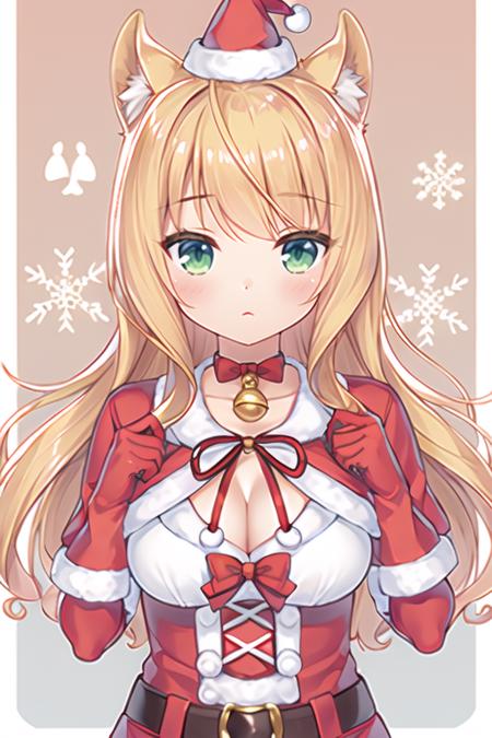 <lora:super-nekofeng-v7:0.9>,nekofeng,1girl, solo, animal ears, bell, slit pupils, green eyes, hat, cat ears, long hair, breasts, gloves, blonde hair, cleavage, upper body, blush, red gloves, neck bell, bow, looking at viewer, bangs, animal ear fluff, santa hat, christmas, ribbon, jingle bell, choker