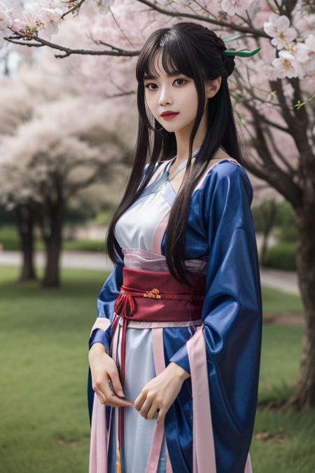 ltra-detailed,highly detailed,best quality,masterpiece,illustration,realistic,photorealistic,
liumengli, 1girl, solo, 
hanfu, chinese clothes, wide sleeves, long sleeves, sash, hair ornament, 
long hair, black hair, bangs, blunt bangs, sidelocks, 
standing, looking at viewer, cowboy shot, 
outdoors, grass, flower, day, cherry blossoms, tree, sunlight, photo background, rock, 
 <lora:liumengli_v1_06:0.6>