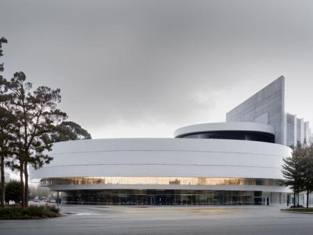 RAW photo, (avant garde building from outside), frontal elevation, curvilinear, white sky, (diffused light:1) <lora:MIR-v3:0.5> <lora:BRUTH3R:0.4> (translucent white glass), white concrete, contemporary brutalism style, by BIG, fog, (warm interior light:1), (open plaza), architecture photography, hyper realistic, super detailed, 8k, Nikon Z6 Mirrorless Camera, film grain