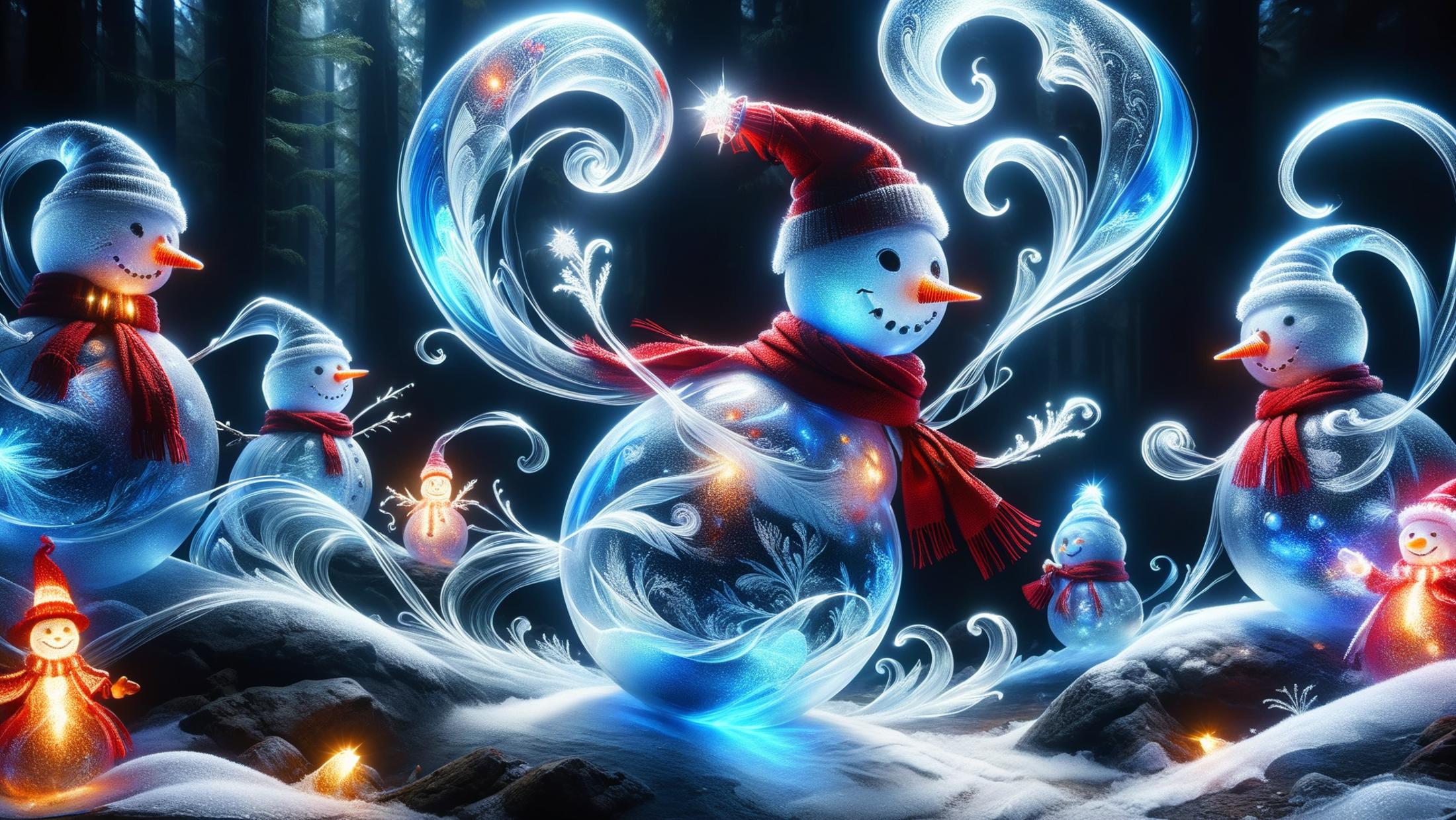 A Snowman with a Scarf and Santa Hat in a Christmas Scene.