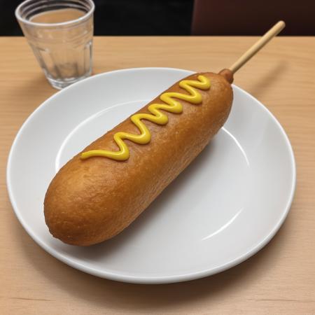 A photorealistic image of a delicious 9hotdog placed on a plate in a restaurant setting. The 9hotdog should be golden brown, with a crispy exterior and a juicy interior visible at one end where it's bitten off. The plate can be white or a light color to contrast with the golden hue of the 9hotdog. There might be a small dish of mustard or ketchup on the side for dipping. The table should have a clean tablecloth, and the lighting should be warm, highlighting the appetizing look of the 9hotdog. The background can have subtle hints of a restaurant ambiance, like a glass of water or some cutlery, <lora:cornhotdog:0.65>