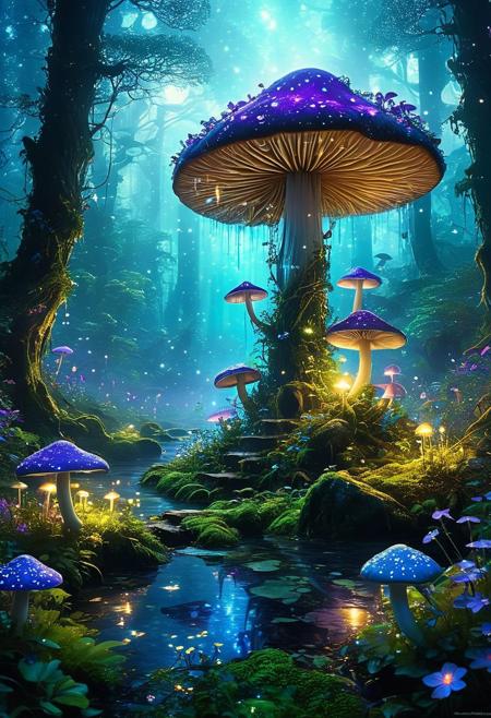 In the heart of an ancient, enchanted forest, giant bioluminescent mushrooms tower above, casting a mystical glow in shades of blue, purple, and green, their caps adorned with intricate, glowing runes, wisps of sparkling mist swirl around the forest floor, revealing ethereal creatures like fairies and sprites dancing among the fungi, a gentle, luminescent river winds through, reflecting the enchanted light and adding a shimmering effect, the scene is bathed in a twilight ambiance, with the sky visible through the canopy filled with twinkling stars and a crescent moon, the air is filled with the scent of wildflowers and the faint sound of a magical melody echoing through the woods