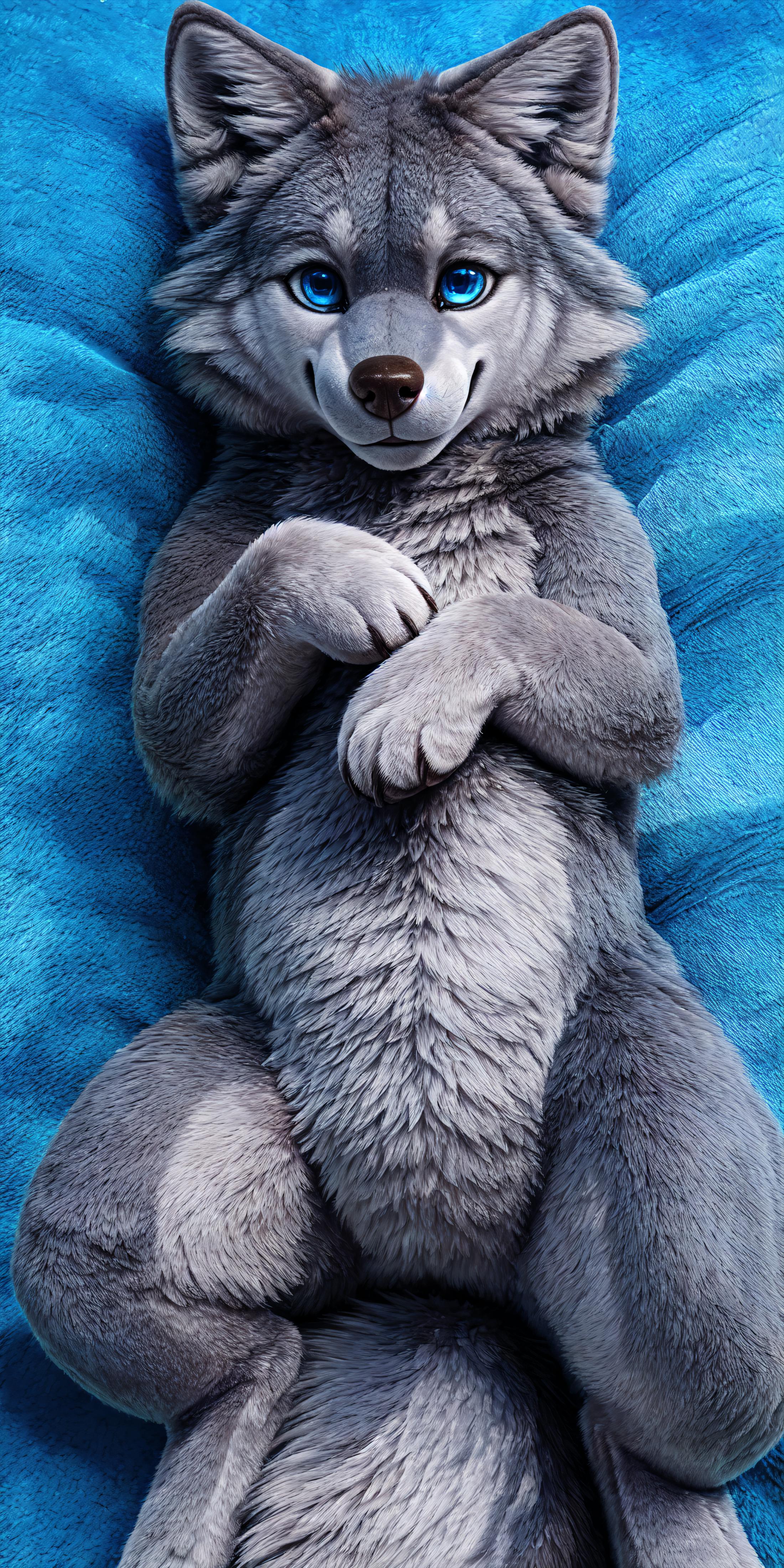 A Gray Stuffed Animal Bear Laying on Blue Bedding.