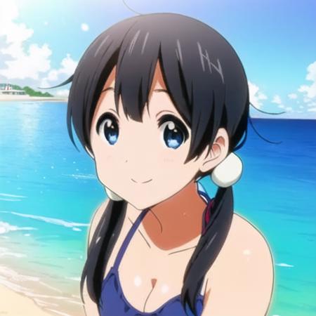 high quality, masterpiece, beautiful, 1girl, (kitashirakawa_tamako), twintail,  black hair,  blue eyes,  (beach),  (bikini), leaning forward, blue_sky, outdoor, looking at viewer, smile, <lora:kitashirakawa_tamako_v3-000005:0.8>