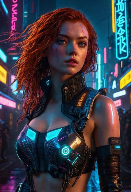 High resolution ultra-realistic of Beautiful Cyberpunk girl, 8k, capturing the intensity of the moment, cinematic lighting, standing on a troubled street in a futuristic city in a bloody battle, wavy red hair, realistic dirty pale face, realistic blue eyes, beautiful hourglass figure, burning in a futuristic city, intricately designed cyberpunk style dirty clothes, Cyberpunk 2077 Aesthetic, perfect athletic figure, beautiful Sadie Sink as Cyberpunk girl, ultra realistic, cinematic style, vigorous and seductive, athletic figure, Cyberpunk sci-fi style, dramatic lighting, wet and sweaty skin, dirty pale skin, athletic figure, dark fantasy, dramatic lighting, Greg Rutkowski style, Cyberpunk girl on in cool dress, hyper-detailed, hyper-realistic, natural light, extremely intricate details, masterpiece, epic, bright colours, Attractive 21 old years girl, beautiful firm Breasts, sharp focus, digital painting, Photograph Taken on Nikon D750, Alphonse Mucha, athletic figure, Hyperdetailed, hyperrealism, Attractive, Attractive bust girl, asymmetric balance