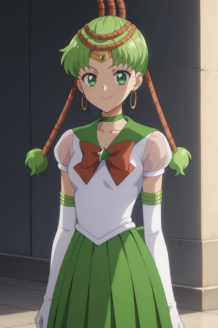 1girl, junjun \(sailor moon\), bishoujo senshi sailor moon crystal, green eyes, dark skin, green hair, junout, jewelry, navel, earrings, midriff, cleavage, medium breasts, pants, bracelet, forehead jewel,  sailor senshi uniform, sailor collar, earrings, white gloves, bow, choker, back bow, elbow gloves, green skirt, pleated skirt, star brooch, circlet, anime coloring, anime screencap