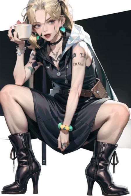 in the style of  <lora:StyleAM-08:1>, 1girl, jewelry, solo, boots, tattoo, bracelet, white background, necklace, simple background, earrings, ring, high heel boots, high heels, belt, blonde hair, piercing, choker, hood, tongue, holding, cross, dress, looking at viewer, full body, open mouth, black footwear, makeup, sleeveless hoodie, black dress, squatting, cup, tongue out, sitting, sleeveless, hoodie, hood down, ear piercing, teeth, tongue piercing, collar