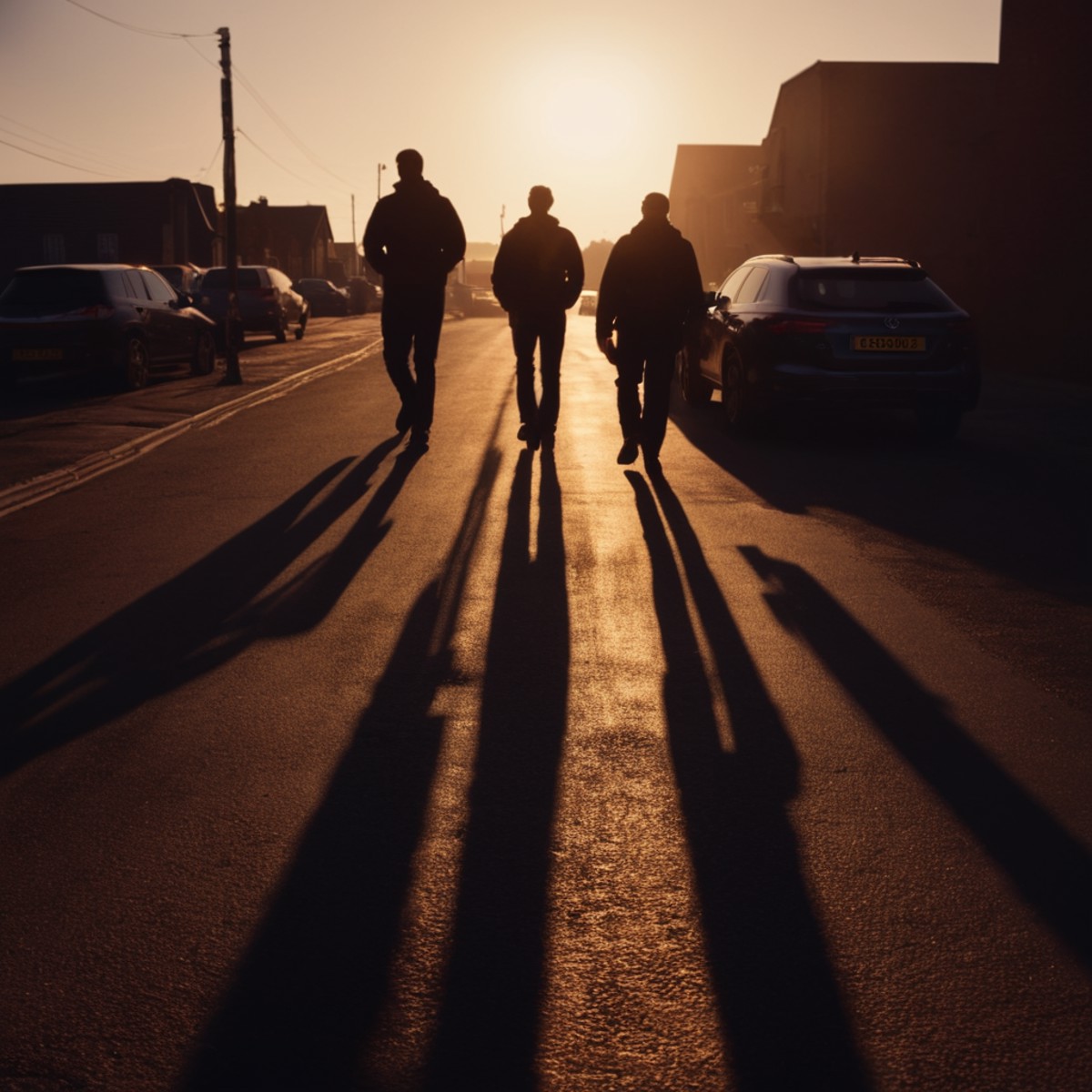 cinematic film still of  <lora:silhouette style v2:1>
A silhouette photo of a group of people walking down a street at sun...