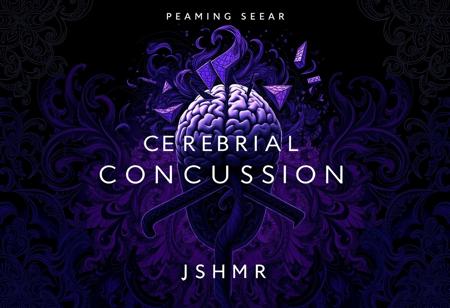 Design an album cover for "Cerebral Concussion" by JSHMR, inspired by the SORA style. The cover should feature intricate and detailed patterns, blending organic and geometric shapes to create a surreal and dreamlike atmosphere. Use a color palette of deep purples, blacks, and dark blues, with subtle accents of neon or metallic tones. The central focus should be a stylized head or brain, fractured and fragmented, symbolizing the chaos and disorientation of a concussion. Surround this with swirling abstract elements, giving a sense of motion and mental turbulence. The title "Cerebral Concussion" and artist name "JSHMR" should be integrated seamlessly into the design, using a sleek, modern font that complements the overall aesthetic. The cover should evoke a sense of both beauty and unease, reflecting the emotional depth and complexity of the music.