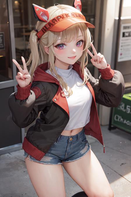 (masterpiece, best quality:1.2), <lora:vspo_komori-10:0.5>, solo, 1girl, komori met, virtual youtuber, smile, looking at viewer, visor cap, cropped jacket, two-tone jacket, long sleeves, shorts