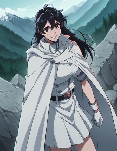 bambietta basterbine, long hair, black hair, black eyes, large breasts, skirt, gloves, belt, cape, cloak, white cloak,