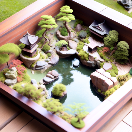 photo, a miniature model of a japanese garden with a pool (IsoJapan style:1) <lora:djzIsoJapanV21:1>