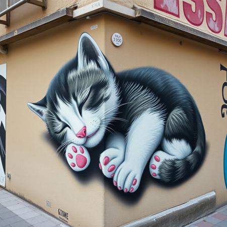 3D anamorphic art, sleeping kitten, lifelike mural, black-and-white fur, pink paw pads, urban wall, playful and adorable, realistic illusion, corner mural, textured background, soft tones, public art, heartwarming design, interactive street art.