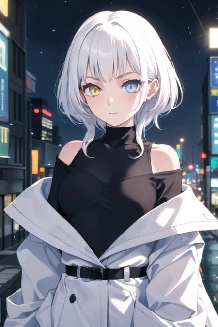 <lora:KanameRana-04:0.7>,ranamygo, 1girl, solo, short hair, shirt, blue eyes, jacket, upper body, white hair, outdoors, sky, off shoulder, open jacket, black shirt, night, white jacket, building, night sky, city, cityscape, skyscraper, city lights, yellow eyes, heterochromia,