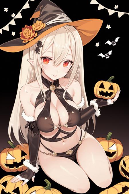 ((best quality, high resolution, distinct image)), (delicate illustration), 4k,1girl, breasts, solo, long hair, hat, blonde hair, flower, witch hat, sitting, very long hair, pointy ears, large breasts, rose, pumpkin, jack-o'-lantern, looking at viewer, underboob, bare shoulders, gloves, bridal gauntlets, dress, holding, full body, red flower, red eyes, fur trim, black gloves, skirt,halloween background, underboob cutout, black dress, bangs, halloween, detached sleeves, long skirt, black skirt, hair between eyes, smile, long dress, fingerless gloves, closed mouth, witch, red rose, frills, clothing cutout, orange bow, elbow gloves, hair ornament, bow, vines,<lora:bladeV3:1>