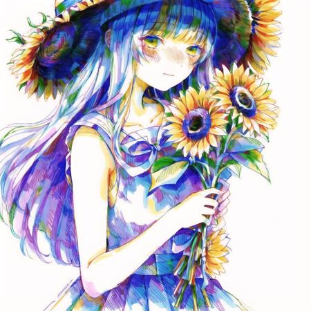 <lora:tmari:1>, tmari,  sketch, traditional media, ballpen drawing, white background, 

1girl, bare arms, blue ribbon, bouquet, bow, collarbone, dress, flower, grey dress, hat, hat bow, holding, holding bouquet, long dress, long hair, looking at viewer, purple bow, purple hair, ribbon, sleeveless, sleeveless dress, solo, standing, straight hair, straw hat, sun hat, sundress, sunflower, very long hair, yellow eyes, yellow flower, yellow headwear