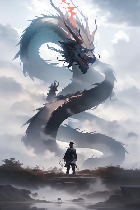 chinesedragon, dragon, letterboxed, holding, outdoors, bird, standing, cloud, 1boy, weapon, from behind, sky, cloudy sky, animal, holding weapon, eastern dragon, monster, 1other, hat, fog