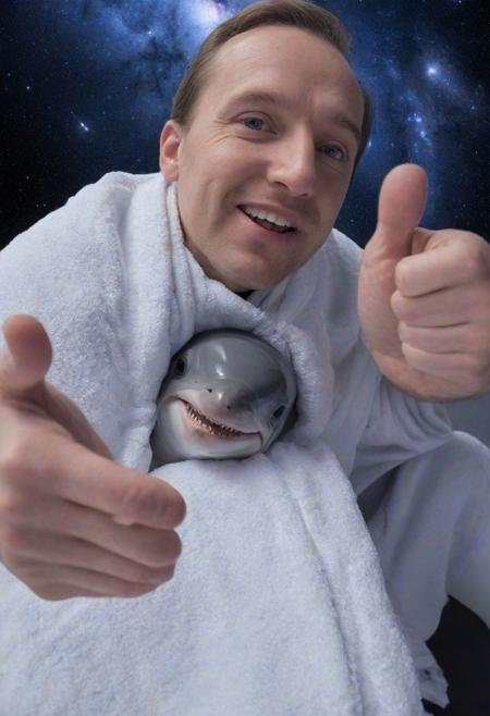 ((intense-fisheye-lens) distortion photograph)) ,
((A galactic hitchhiker) (with thumb up), (a clean, fluffy towel is clearly seen over the galactic hitchhiker's shoulder)),
<<BREAK>>
((in the background dolphins are seen floating in outerspace)),
((noise offset, best quality photograph, , (multiple-exposure photographs), UHD, (very slow shutter speed), experimental lighting, experimental angles, (strong fisheye-lens/ intense fisheye-view photograph), ( realisticvision-negative-embedding, epiCRealism ))