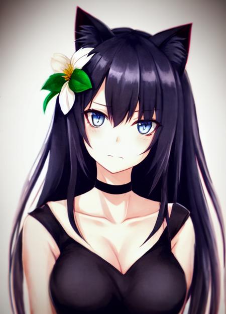 by k-suwabe, hair flower, choker, closed mouth, collarbone, long hair, dark blue hair, looking at viewer, short hair, simple background, , solo, club lighting,  cold, dark, graffiti style, upper body, traditional media, dark spiral eyes  , 1girl, armor, cat ears, ink <lora:ksuwabe-v1-6k-lora:2>