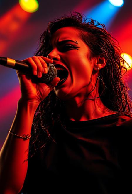 close up shot of a dark punk rock front woman screaming her song in the Mikrophon. Tens Muskels and veins on her arms and neck from the intense performance. the shot is timed perfectly and the lights are spot on. Giving the scene a dramatic side rim lighting and a face in half shadow. Soft smoke from the smoke machines on the top of the tent is dramatically illuminated from the light show with red, green and blue lasers and strong warm spotlights. Her black shirt is wet from her sweat and her wet long curly hair sticks to her head and face. her make-up is painting a pure white face with pitch black lines around her completely black eyes and black lips. 
Shot with a full-frame DSLR, 85mm lens at f/1.8 for shallow depth of field, ISO 400, 1/100 shutter speed. Cold dimm light enhanced with slight post-processing contrast boost and neutral tone grading. balancing sci-fi horror with dark fantasy. dark gothic warhammer30k theme