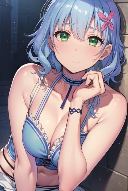 muse, blue hair, (green eyes:1.5), short hair, hair ornament, choker, frills, midriff, miniskirt, navel, skirt,