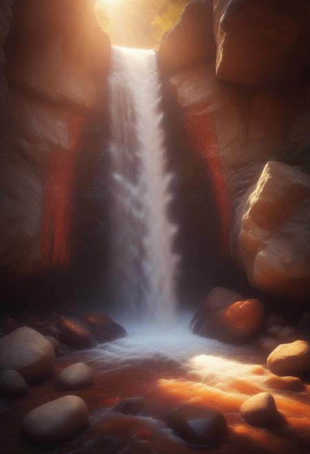 waterfall, stones, sunlight, blood orange style