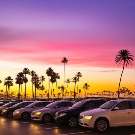 masterpiece, best quality, very aesthetic, absurdres, side view, ( no human:1.2), cars from side, Traffic jam of cars seen from the side, palm tree, vivid color, twilight, sunset, starry sky,