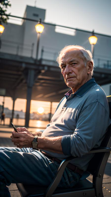 (masterpiece, best quality, highres:1.2), (photorealistic:1.2), (detailed light:1.2), (dynamic angle) raw photo, (80yo Old Man), friendly face, sitting in a chair, public park, sunset lighting, serene atmosphere, (sharp), exposure blend, bokeh, (hdr:1.4), high contrast, (cinematic), (muted colors, dim colors, soothing tones:1.3)