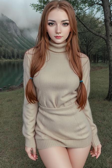 photo of <lora:sunshine-07:0.7>, sunshine, a woman with ((twin tails, twintails)),((pale skin, red hair)), ((cowboy shot, waist, hips, thighs):1.2), ((turtleneck sweater dress):1.2),((walking,outdoors, at night):1.2),((detailed face, beautiful face, detailed eyes, beautiful eyes):1.1), ((lipstick, eyeliner, eye shadow):1.2),((best quality, masterpiece, extreme details):1.2) ((detailed eyes, detailed face):1.2), woman, solo, beautiful, sexy, full body, looking at looking at viewer, magic colorful forest,fluffy tree, blue sky,mountain,4k, concept art,oil painting, realistic trees, beautiful, green grass, fog, stars, supernova, stars at sky, magical, night, dark,big galaxy,glowing stars, star light, falling star,comet, lake,water, reflection, adorable, (extraordinary:0.6),