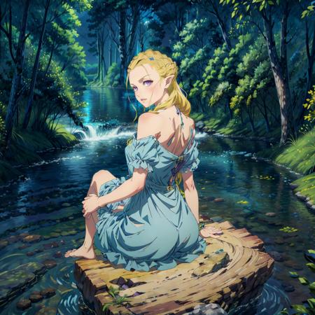 <lora:Dine001:0.7>,<lora:add_detail:1>,<lora:boldline:-0.8>,<lora:noline:0.3>,looking back,
Di_ne,1elf girl,purple eyes,crown braid,
solo,
starry_sky,nature,rock,sitting,lake,dress,bare shoulders,barefoot,