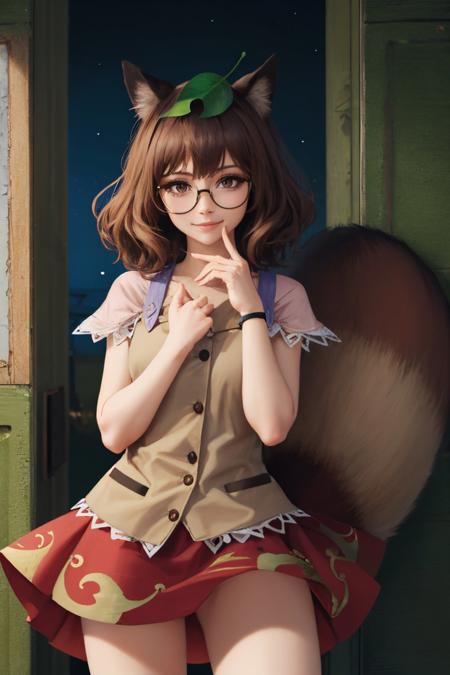 (masterpiece, best quality:1.2), <lyco:touhou_futatsuiwa-10:1.0>, cowboy shot, solo, 1girl, futatsuiwa, smile, closed mouth, looking at viewer, leaf on head, glasses, skirt, raccoon tail