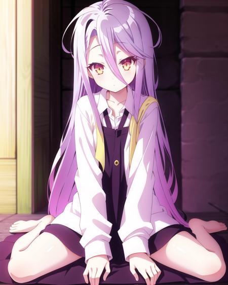 Shiro,1girl,solo,silver_hair,yellow eyes,ong_hair,very_long_hair,hair_between_eyes,wariza,bare legs,dress shirt, no panties,