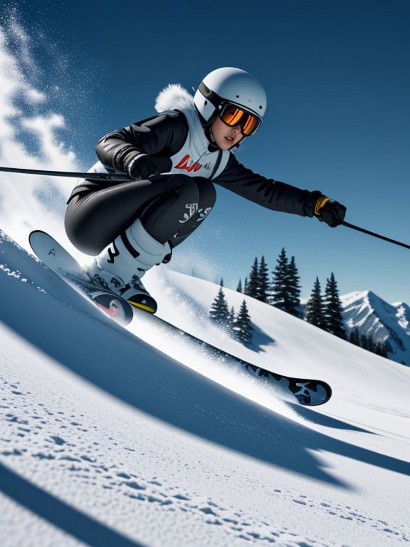 XenTAI-pos, Extremely Detailed Masterpiece Digital Photograph of
Lauren_LaForge, a skier shredding through the powder