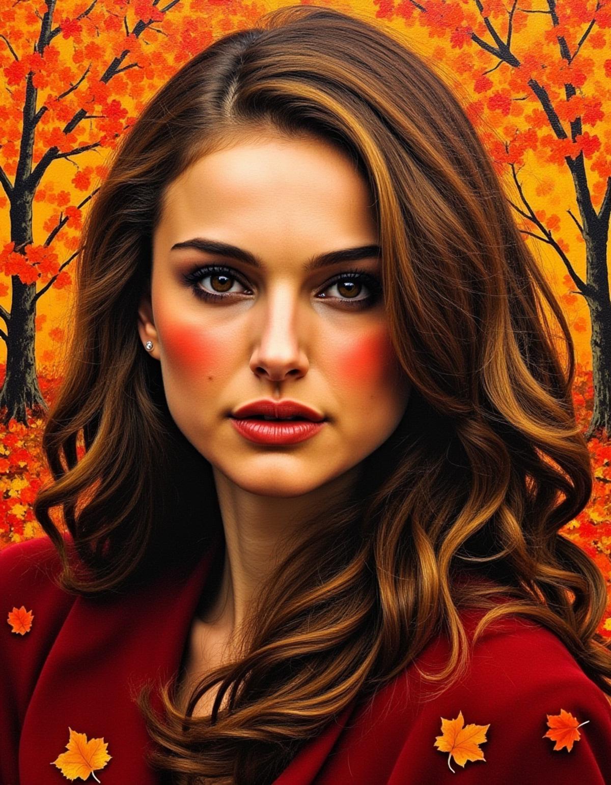 Expressionistic abstract painting utilizing a rough palette knife technique depicting the face of a woman with long flowing hair in the fall. The autumn theme is respresented through primary use of the colors red, orange and brown as well as autumn trees and leaves.   <lora:Natalie_Portman_2004_FLUX_epoch_16:0.9>