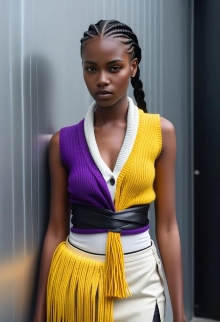 The image is a photograph featuring a stylish woman walking on a city sidewalk. She is dressed in a vibrant, eye-catching outfit. Her top is a bright yellow ribbed knit sweater, and her skirt is a matching ribbed knit dress in the same yellow color. Over her shoulders, she wears a striking, oversized, deep purple shawl with tassels at the ends, which drapes dramatically, adding a touch of luxury to her ensemble.
This photograph captures a young woman with a striking appearance, standing indoors against a plain, slightly blurred background. She has a medium to dark skin tone and is wearing a cream-colored, cable-knit cardigan with a black ribbon tied at the neck. The cardigan is buttoned up, revealing a crisp white collared shirt underneath. 
Her most distinctive feature is her elaborate hairstyle: intricate, tightly braided cornrows that cascade down her head and shoulders in a waterfall effect.
The image is a photograph of a person standing against a metallic, silver-gray wall, dressed in a futuristic, avant-garde outfit. The individual is a slender, androgynous person with long, straight hair, dyed black on one side and platinum blonde on the other. They have a pale, youthful complexion and are wearing a white, distressed, sleeveless top that appears to be made of a blend of fabric and bandages, creating a wrapped, surgical appearance.