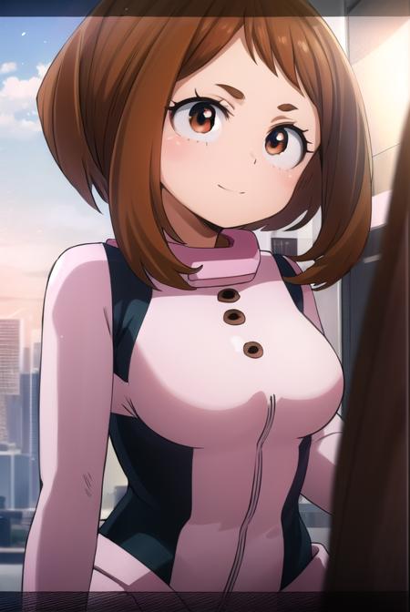 ochako uraraka, (uraraka ochako:1.2), (brown eyes:1.5), brown hair, short hair, blush, blush stickers, (bodysuit:1.5), skin tight, superhero, bare shoulders, pants, black shirt, tank top, blue pants, black tank top, track pants, skirt, shirt, school uniform, white shirt, short sleeves, pleated skirt, necktie, collared shirt, red necktie, u.a. school uniform,