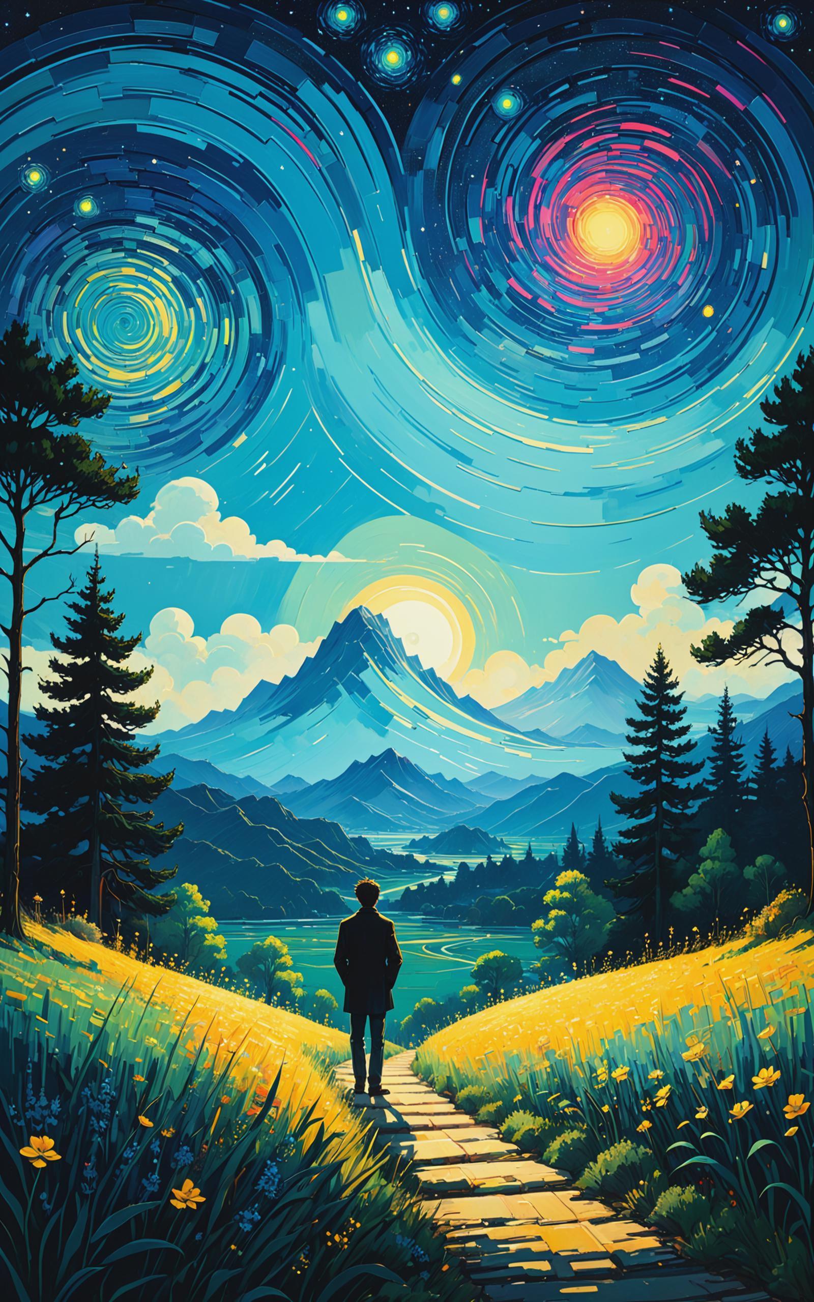 Man standing on a path at sunset with mountains and stars in the background.