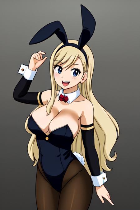 1girl, (rebecca bluegarden)+, absurdres, animal ears, black leotard, black pantyhose, bow, bowtie, breasts, cowboy shot, detached collar, smile, grey background, open mouth, highres, leotard, big breasts, pantyhose, playboy bunny, blue eyes, rabbit ears, simple background, solo, standing, strapless, strapless leotard, wrist cuffs, blonde hair