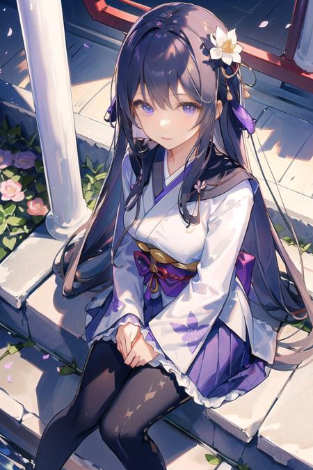 1girl, solo, from above, \(purple flowers\), aesthetic, intricate, best quality, detailed background, Homura Akemi, ((\girl wearing a patterned purple kimono:1.2\)), \(sitting in garden\), casual pose, detailed textures, posing, floral print, hair flower, hair ornament, japanese clothes, kimono, obi, outdoors, pagoda, petals, purple kimono, sash, shrine, sky, stone stairs, torii, wide sleeves, yukata <lora:HomuraAkemi:1>