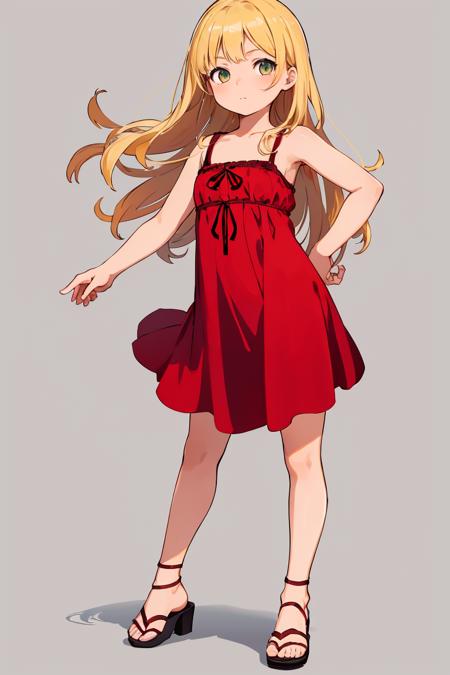 (best quality, masterpiece1.2), 1girl, looking at viewer, full body, standing, curvy, red dress, blonde, sandal, simple background, <lora:Squeezer:2>