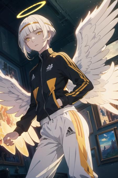 revel_platinum_end yellow eyes white hair wings halo angel angel wings