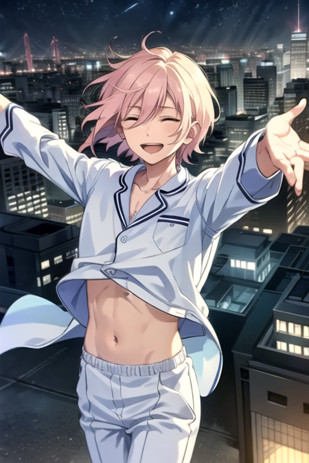 <lora:Eichi-08:0.7> ,eichi, solo, smile, short hair, open mouth, shirt, long sleeves, 1boy, navel, closed eyes, white shirt, pink hair, male focus, cowboy shot, teeth, pants, arms up, night, ^_^, upper teeth only, outstretched arms, building, facing viewer, pajamas, city, white pants, cityscape, midriff peek, skyscraper, city lights