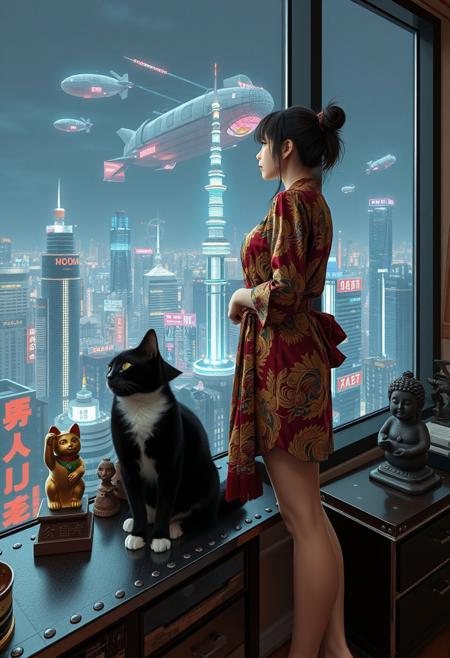 black cat with a white neck and white feet is sits on a cluttered metal riveted desk next to a maneki neko statue and small bronze buddha, the cat is looking out to a floor to ceiling window that looks out over a futuristic cyberpunk Tokyo skyline with skyscrapers and futuristic airships covered with lights and advertisements in Japanese, a tall thin beautiful young woman, 22 years old, is standing next to the cat looking out at the city through the window, The woman is dressed in an ornate short japanese style bath robe, exposing her long legs.  The woman's hair is messy from just waking up. Artistic cyberpunk, dynamic perspective,