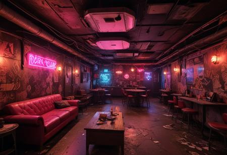 low angle shot, huge-dark-moody-underground-club, highly detailed with moody lightning, lit-up-by-neon-signs-and-a-few-ceiling-spotlights-only, slightly-foggy, cluttered with articles and glasses, various objects and items laying around, red-leather-couches, round-wooden-tables, cyperbunk, inkpunk, smoking-cigarette-on-ashtray, pink, neon, contrast, inkpunk, CXL-Mech, clutter, trash, detailxl, ceiling fans